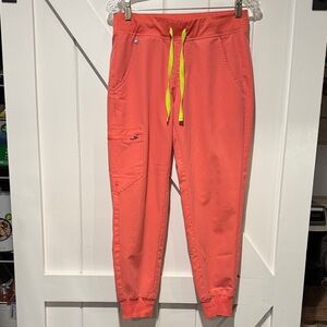 Figs Women's Coral Joggers with Bright Yellow Drawstring